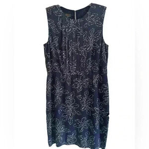 Pendleton Navy Floral Sleeveless Sheath Dress Petite 14P Pleated Front